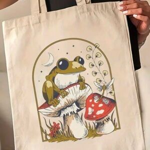 Whimsical Amphibian and Red Toadstool Print Canvas Tote Bag for Women Gift